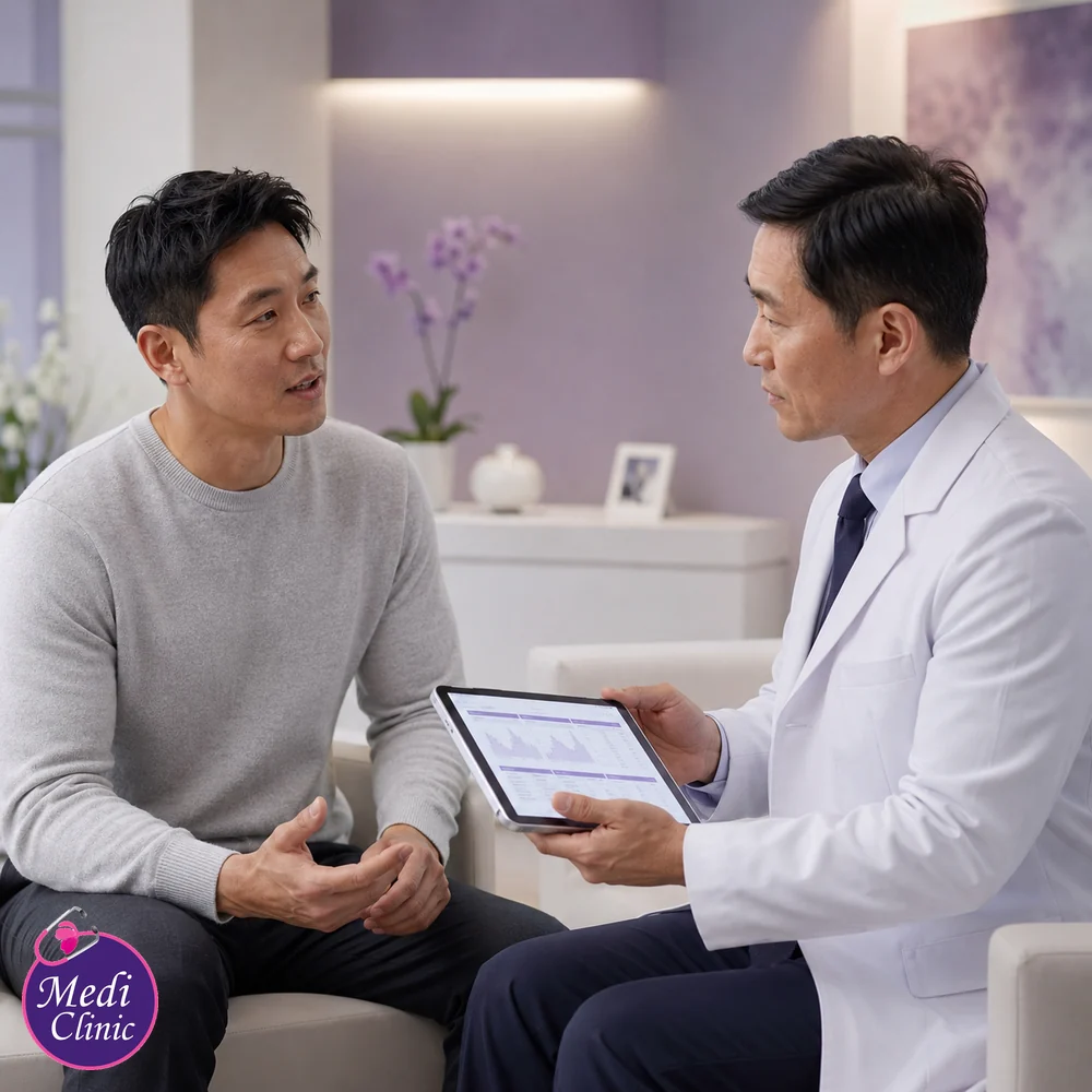 Doctor reviewing PSA and medical history Doctor reviewing PSA and medical history