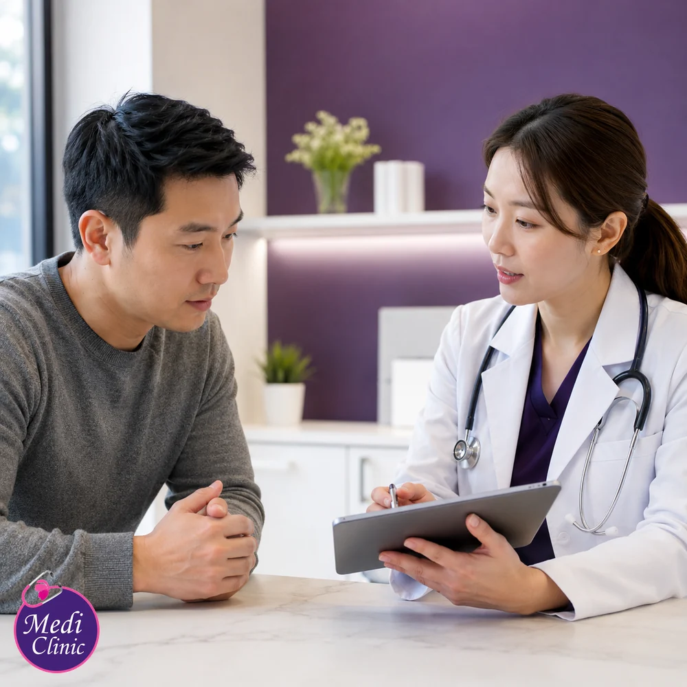 Doctor discussing finasteride benefits and side effects Doctor discussing finasteride benefits and side effects