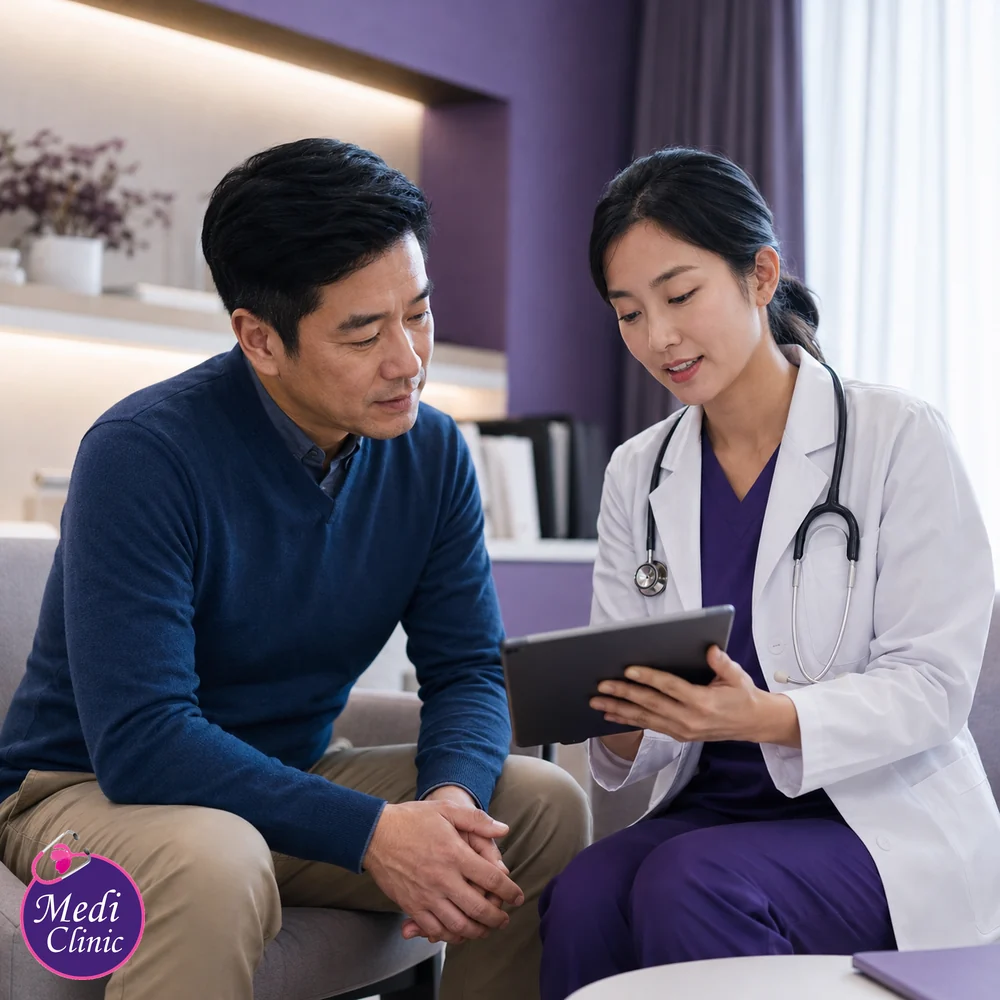 Asian man discussing men’s health with a doctor Asian man discussing men’s health with a doctor