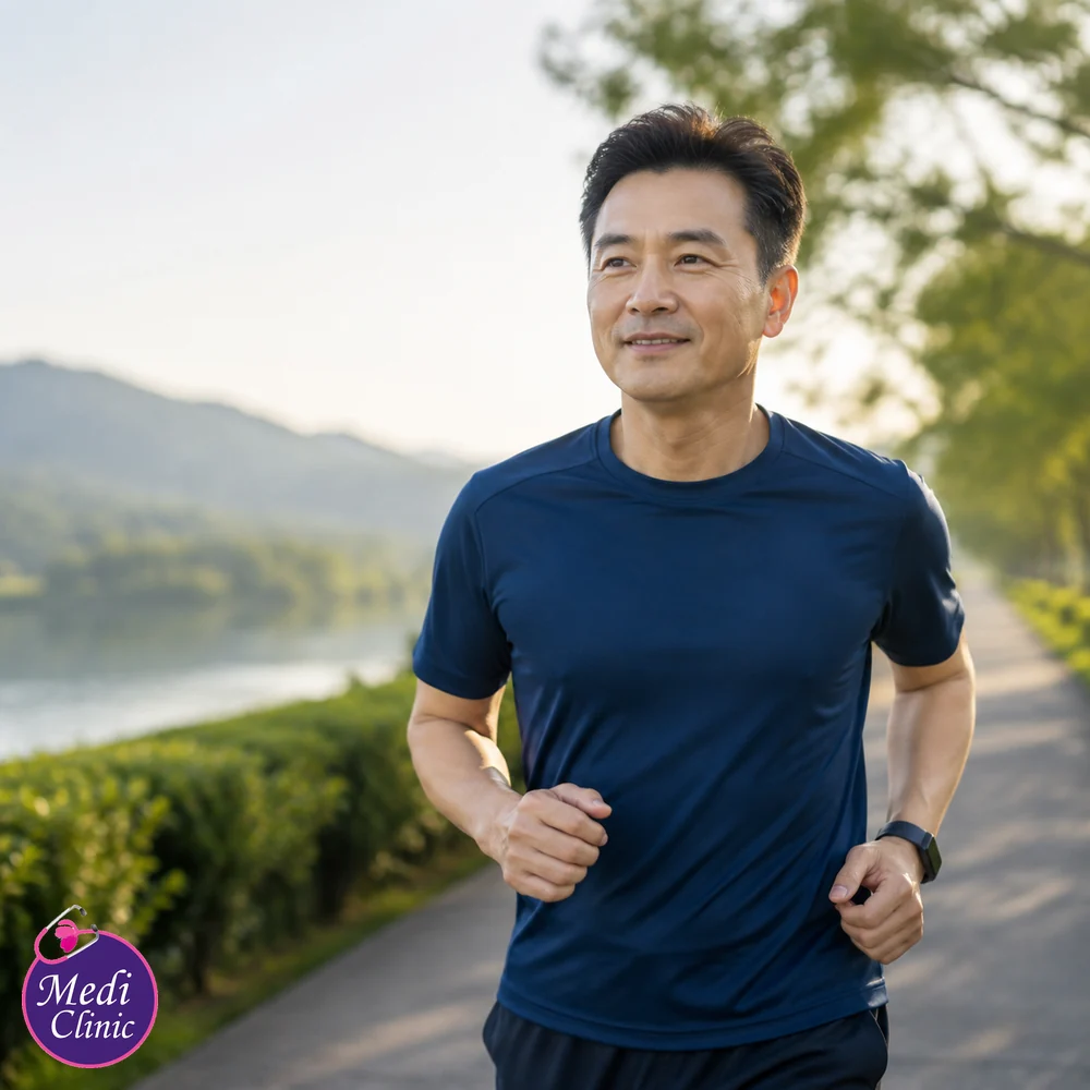 Asian man supporting cardiovascular wellbeing Asian man supporting cardiovascular wellbeing