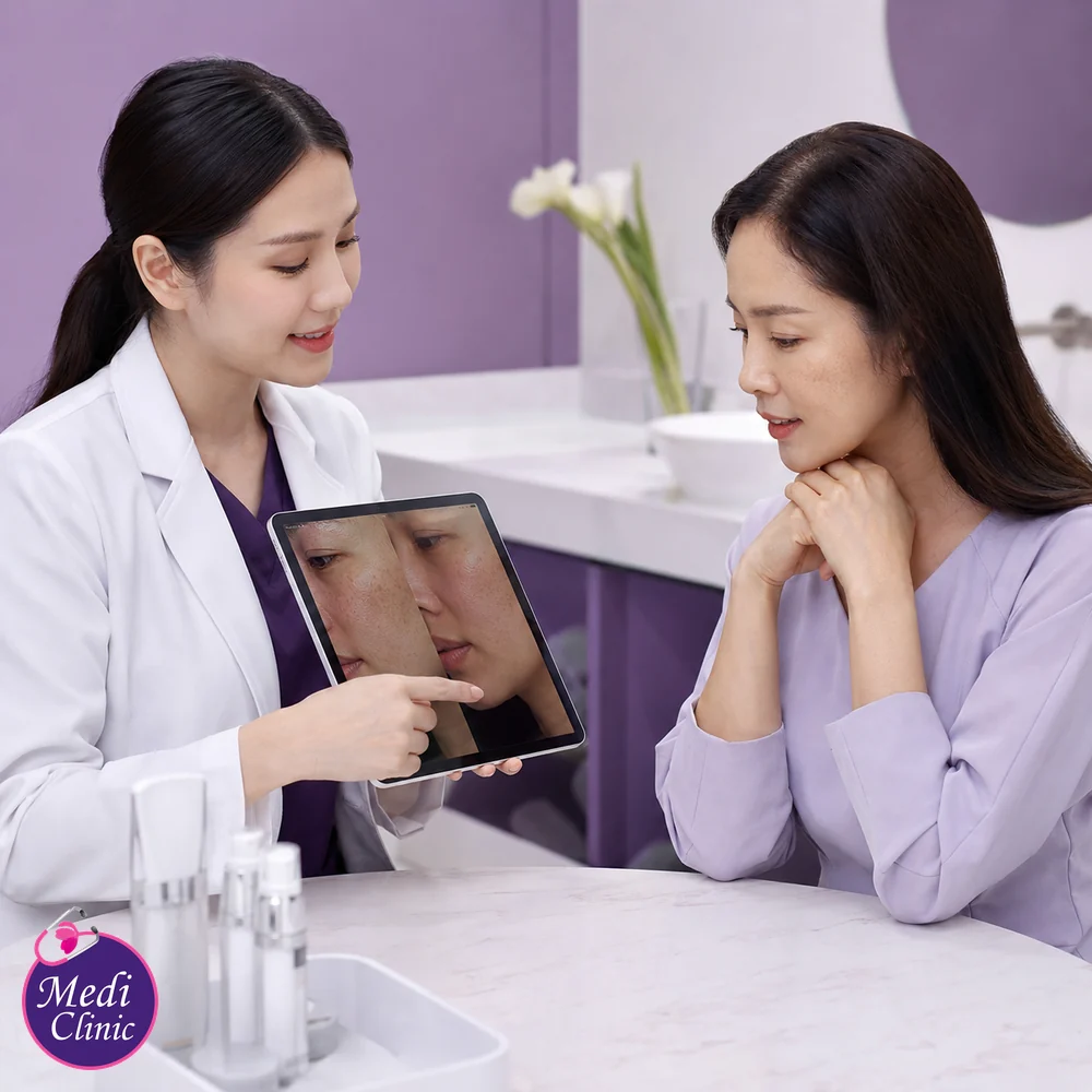 Asian woman discussing skin concerns with a doctor Asian woman discussing skin concerns with a doctor