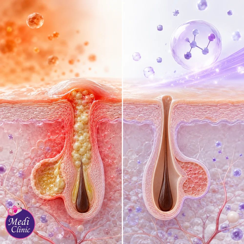 Educational azelaic acid and acne-prone pore illustration Educational azelaic acid and acne-prone pore illustration