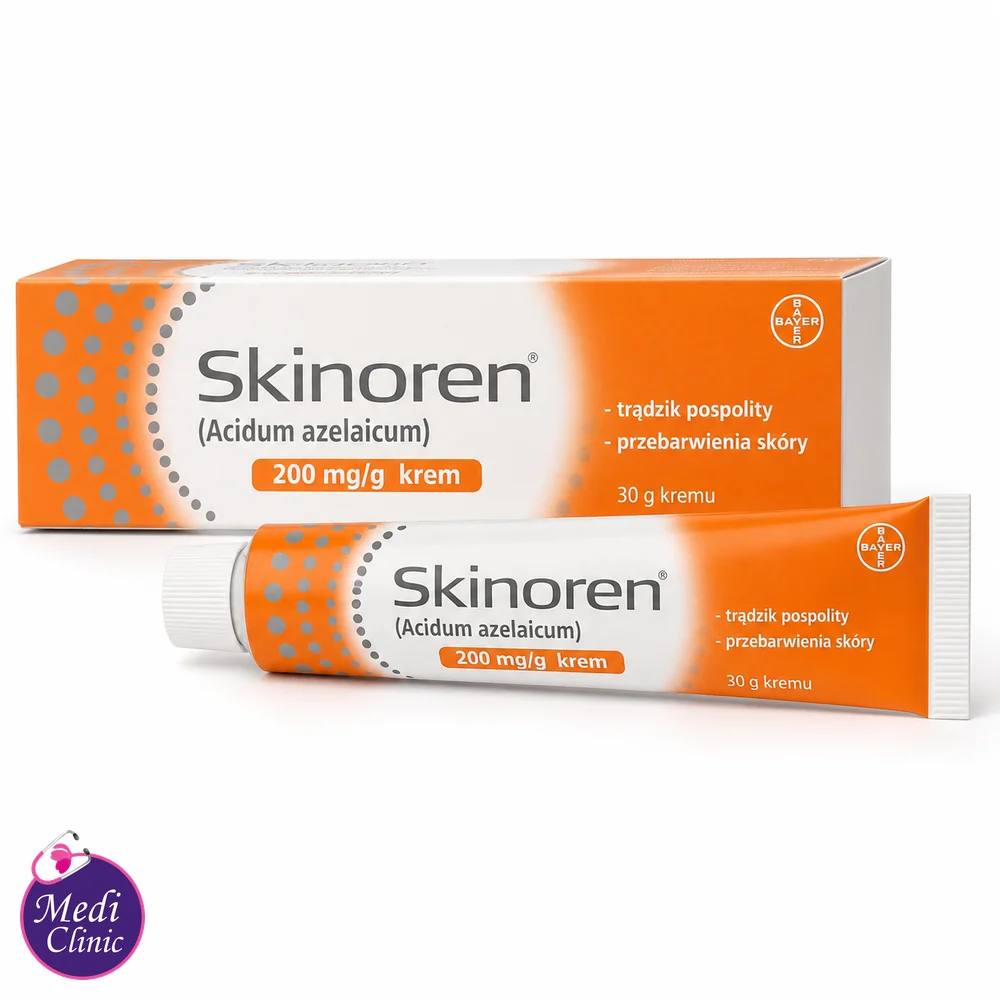 Skinoren 20% cream box and tube on a clean white background Skinoren 20% cream box and tube on a clean white background