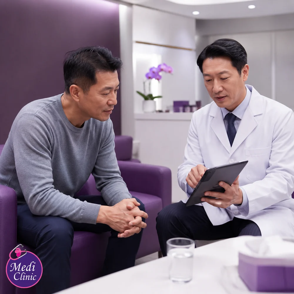 Asian man discussing persistent fatigue with a doctor Asian man discussing persistent fatigue with a doctor