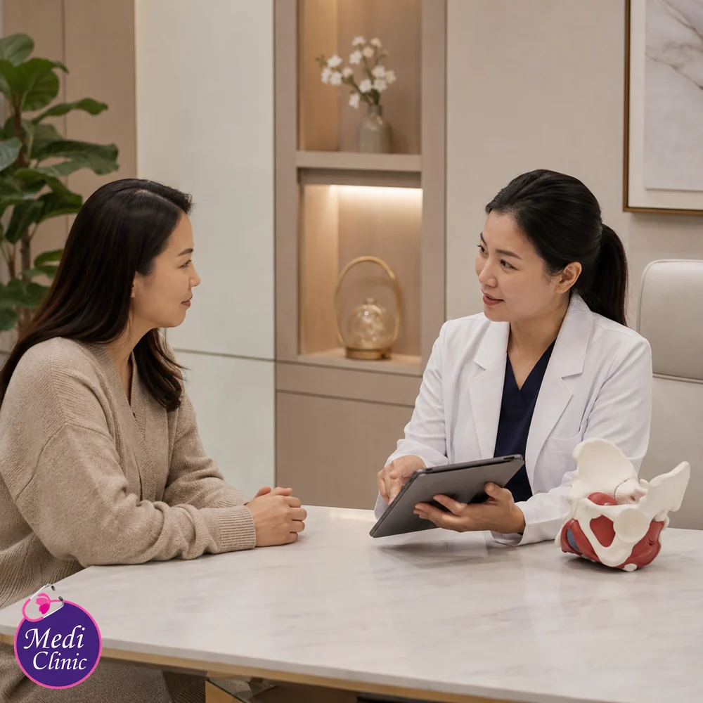 Asian woman discussing postpartum pelvic health Asian woman discussing postpartum pelvic health